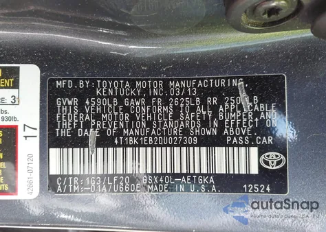 2013 Toyota Avalon Xle Premium из США, поврежденный, VIN 4T1BK1EB2DU027309